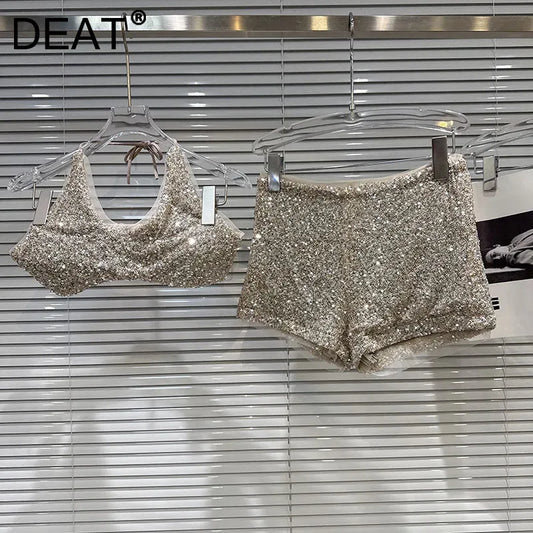 DEAT 2026 Spring New Trendy Fashion Sequin Two-pieces Set For Women Halter Chest Pad Camisole Low Waist Shorts Female 11A08392
