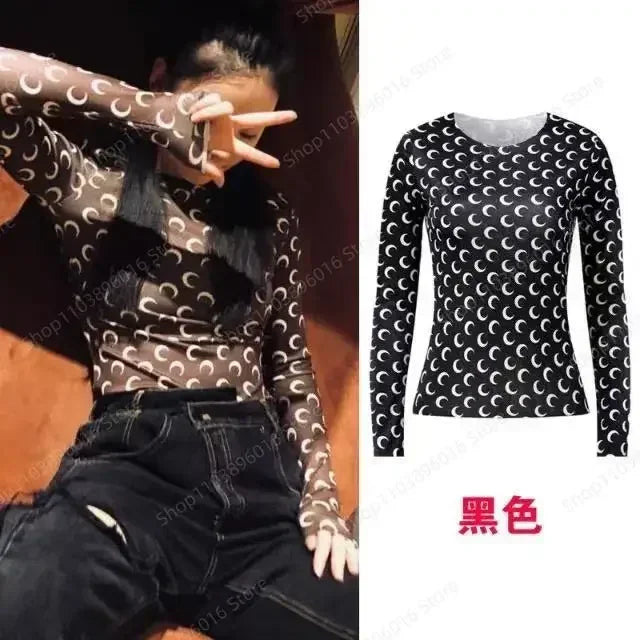 Moon Printed Tshirt Graphic Top for Women Stretchy Slim Korean Fall Spring Long Sleeve Tees Y2k Grunge T-Shirt 2000s Clothes