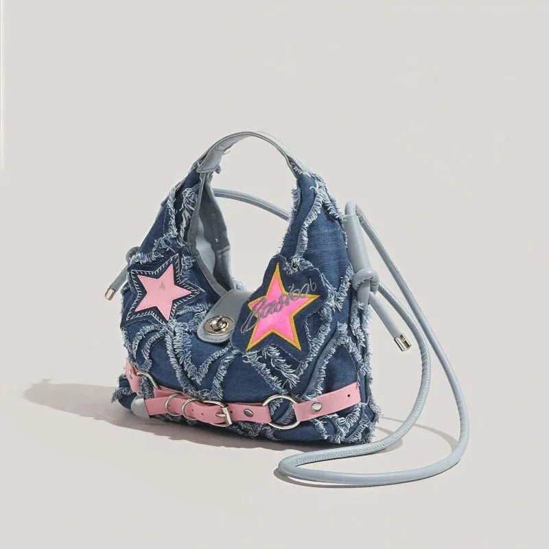 y2k Hot Girl style pink five-pointed star applied-designed fringed jeans crossbody bag A-DH