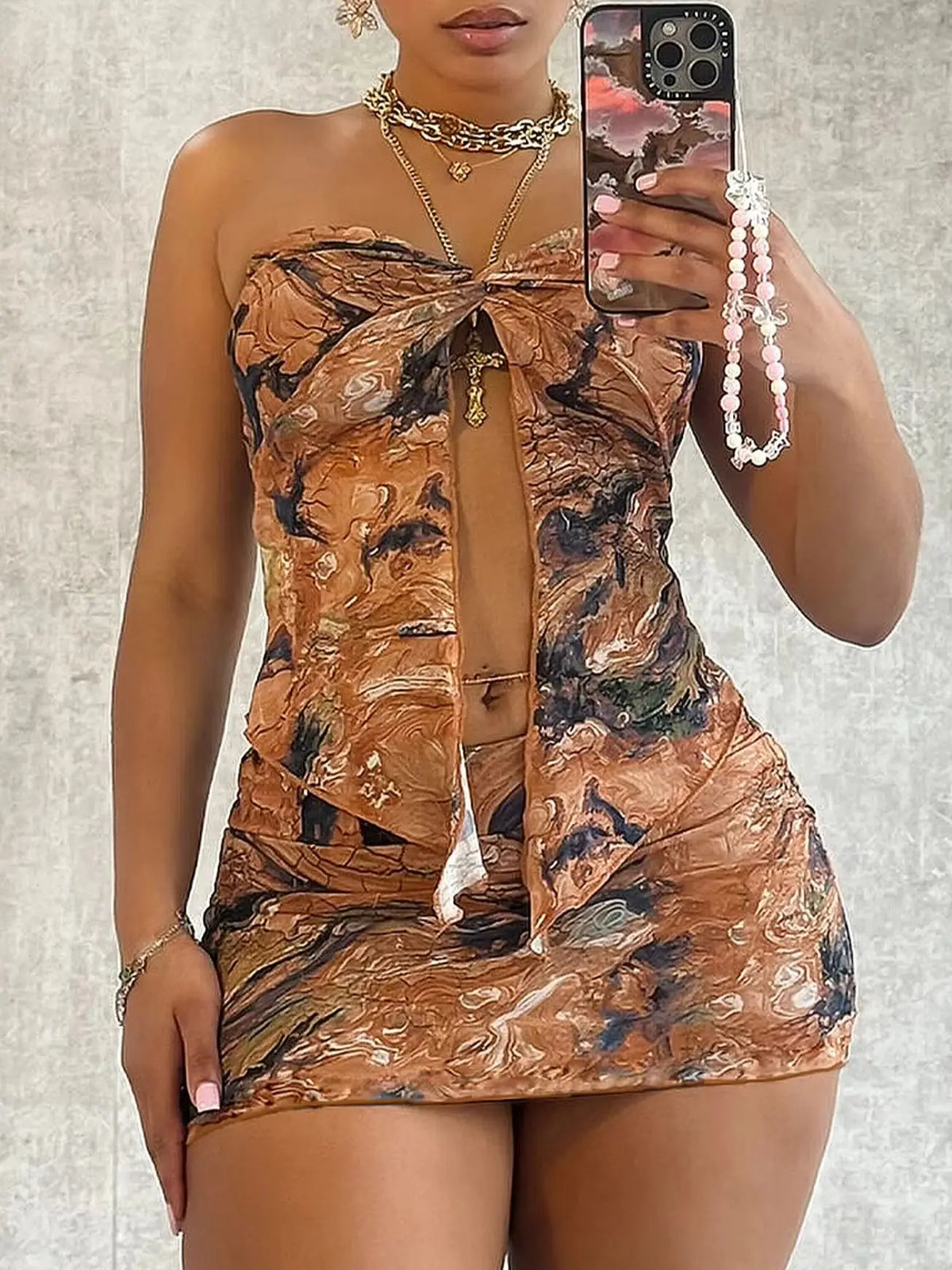 Women's floral pleated sexy tight fitting slit strapless short skirt set