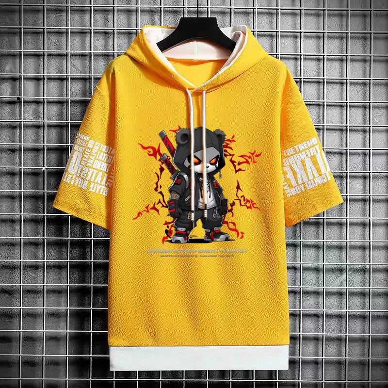 2024 Men's Sweatshirts Korean Fashion Harajuku Streetwear Short Sleeve Hoodies Men Summer Men Clothing Print Cartoon Hoodies Men