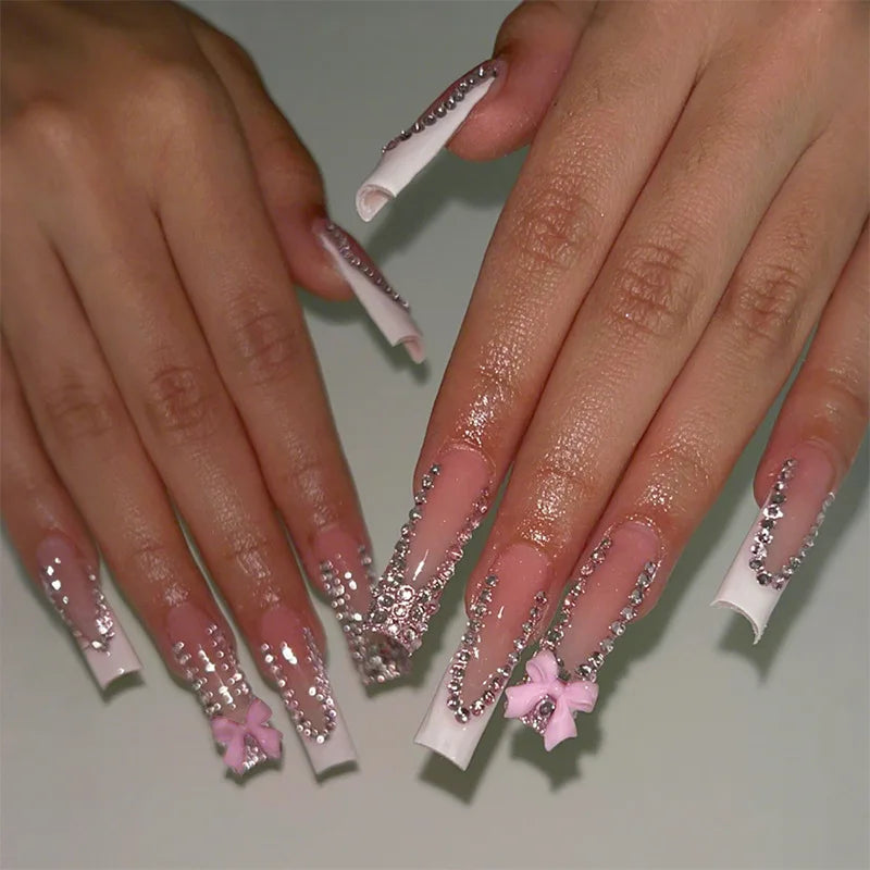 24pcs Long French Fake Nail with Pink Bow Design Sweet Ballet False Nail Tips for Lady Women Wearable European Press on Nails