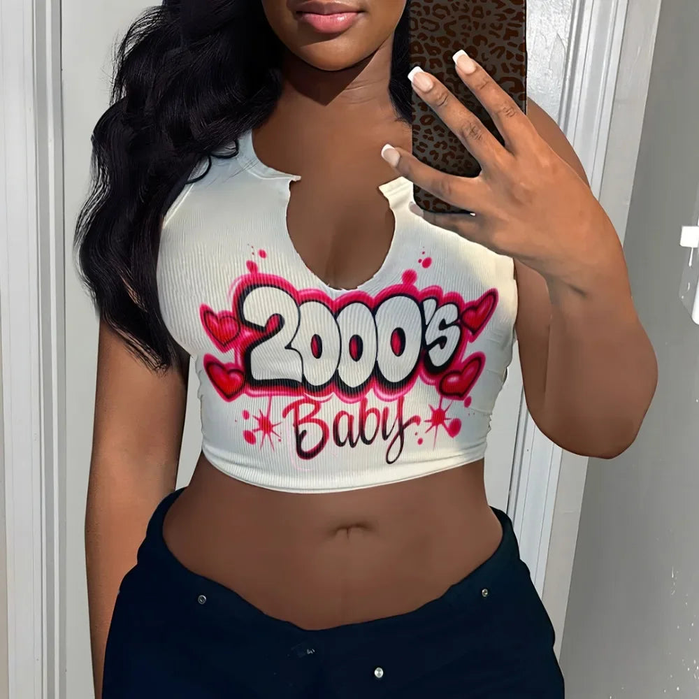 HLJ&GG 2024 INS Fashion Y2k T Shirts Letter Print Crop Tops Girls Streetwear Short Sleeve Slim-fit V-neck Tees T Shirt White New