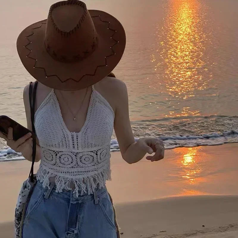 Sexy Boho Beach Holiday Camisole Halter Women Crochet Knit Swimsuit Bra Backless Vest Hollow Tassel Tank Top Women's Crop Tops