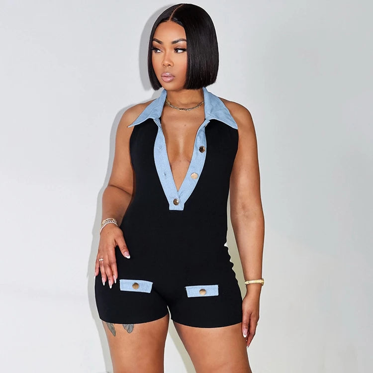 STYLISH LADY Contrast Color Playsuits 2025 Summer Women Turn Down Collar Backless Bodycon Sexy Club Party Street Rompers