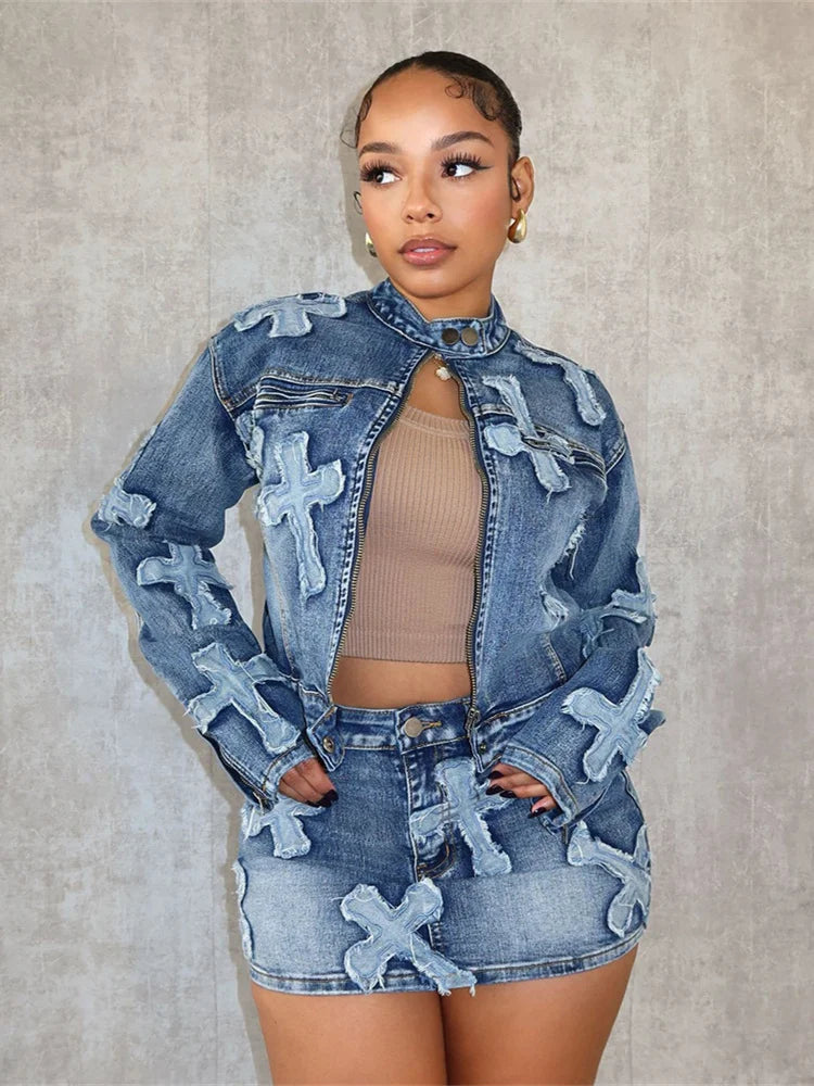 Weird Puss Vintage Women 2piece Set Half High Collar Zip Jacket+High Waist Mini Skirt Hipster Streetwear jeans Embroidery Suits