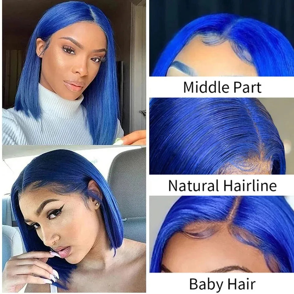 200Density Blue Straight Lace Front Wigs Human Hair Short Bob Wigs 13x4 Transparent Lace Bob Wig Human Hair 100% For Women