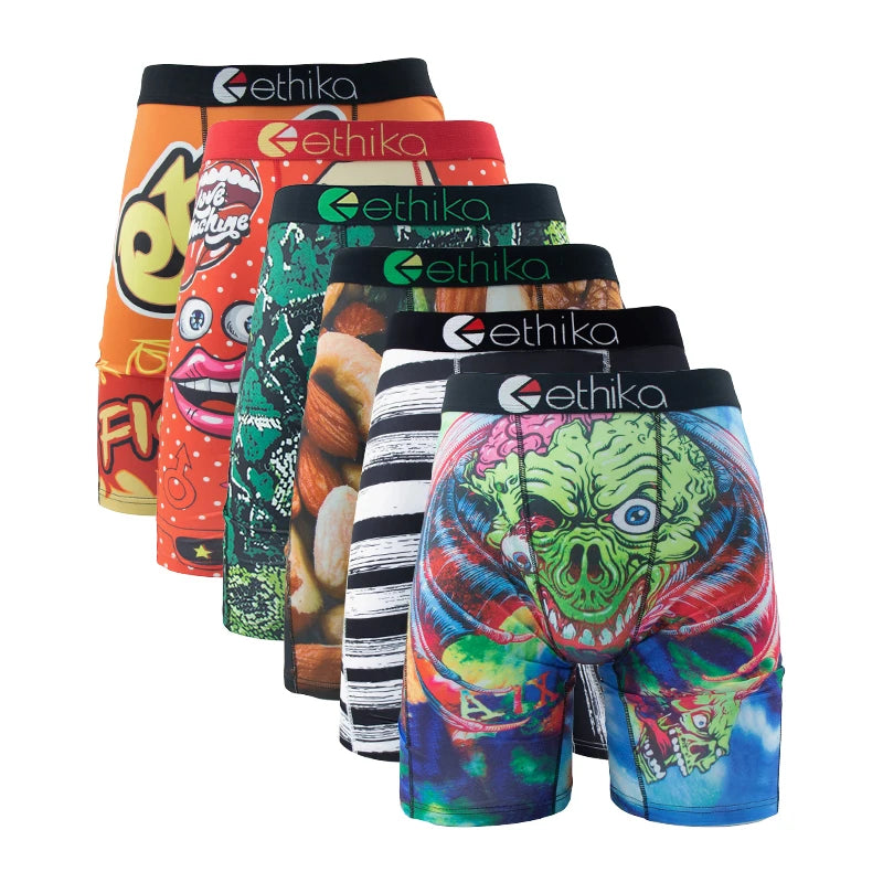 ETHIKA 6Pcs Men Underwear Boxers Breathable Man Swimming Underpants Plus Size Print Mens Panties Trunks Sexy Men's Boxershorts