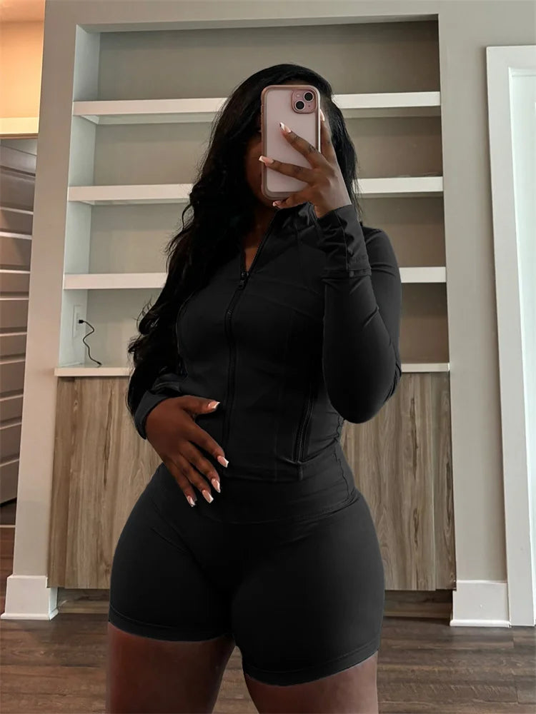 Weird Puss Casual Sporty 2 Piece Set Women Classic Tracksuit Cardigan Full Sleeve Jacket+Stretch Waist Skinny Shorts Trend Suits