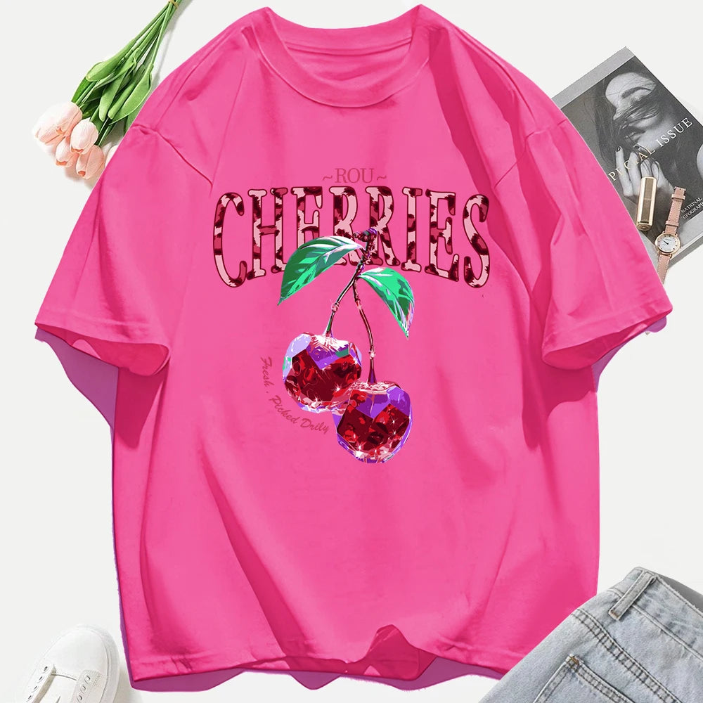 Crystal Cherries Printing Tee Shirt Woman Summer Cotton Tee Tops O-Neck Casual T Shirts Oversized All-Match Short Sleeve