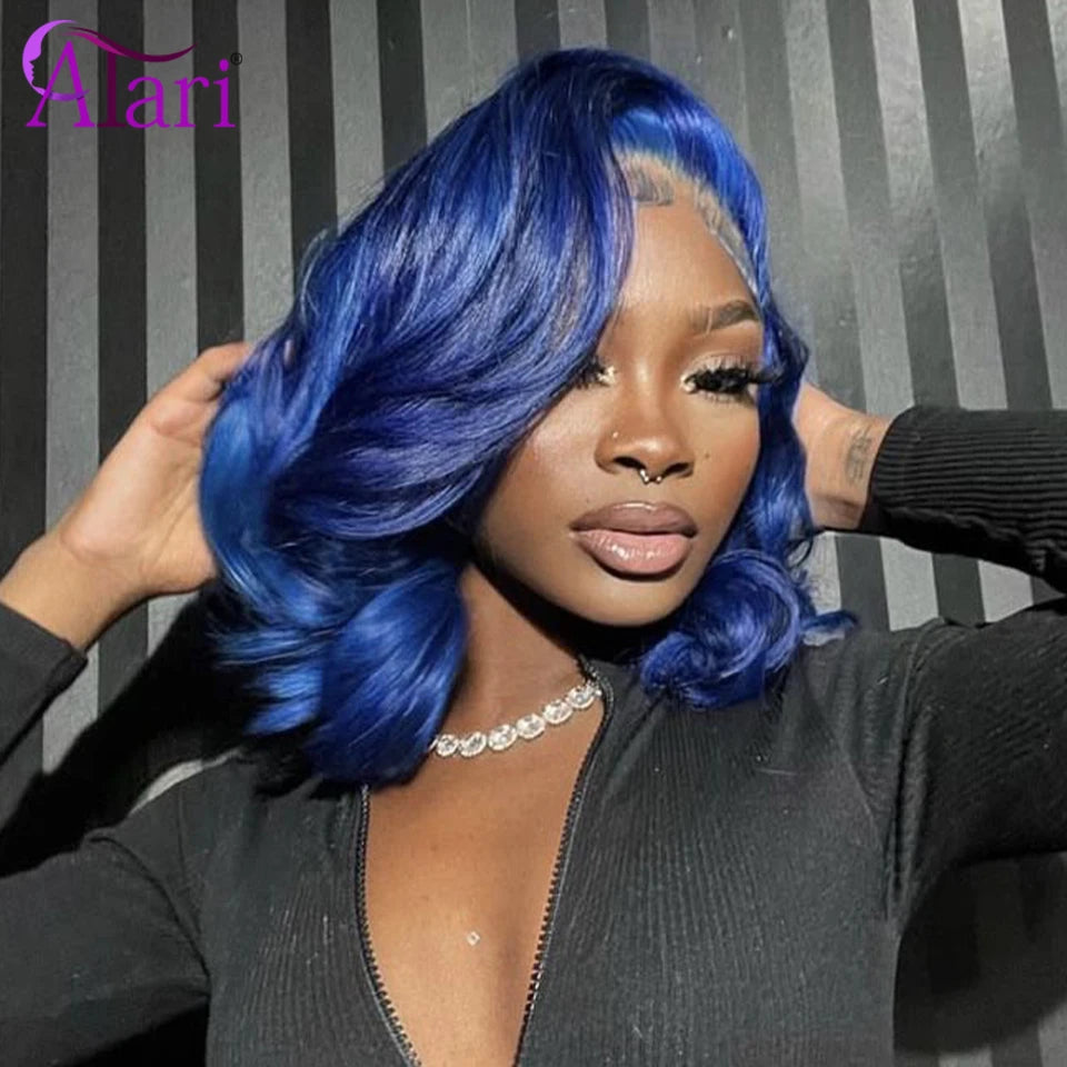 Midnight Blue Short Bob Human Hair Wigs Transparent 13x4 Full Lace Frontal Body Wave Wig Pre Plucked 180 Density Wavy Bob Wig