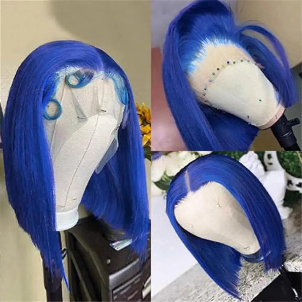 200Density Blue Straight Lace Front Wigs Human Hair Short Bob Wigs 13x4 Transparent Lace Bob Wig Human Hair 100% For Women