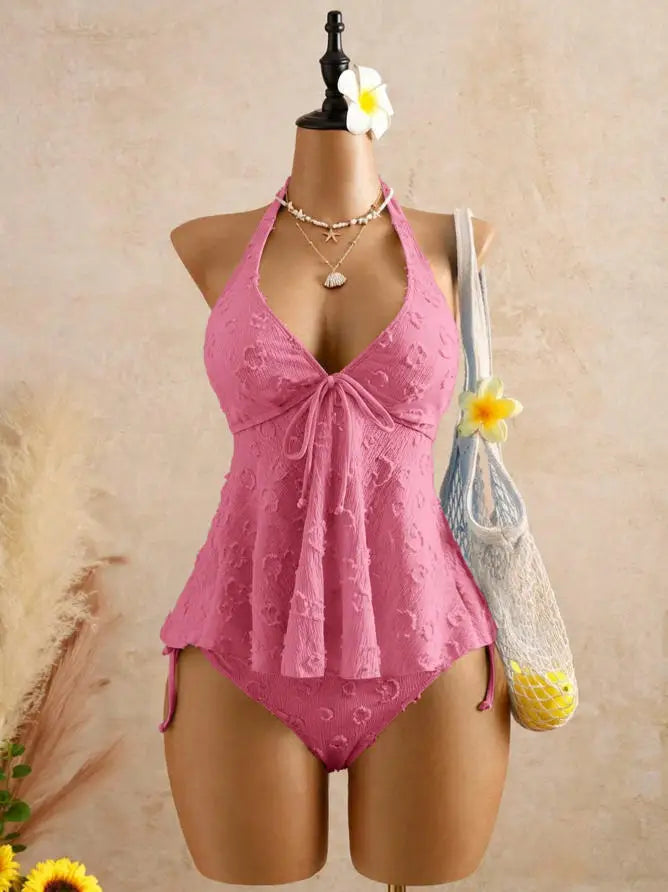 Sexy Front Tie Bikini Set 2026 Pink White V Neck Tank Top Tie Side Thong Swimsuit Summer Bathing Suit Holiday Two Piece Swimwear