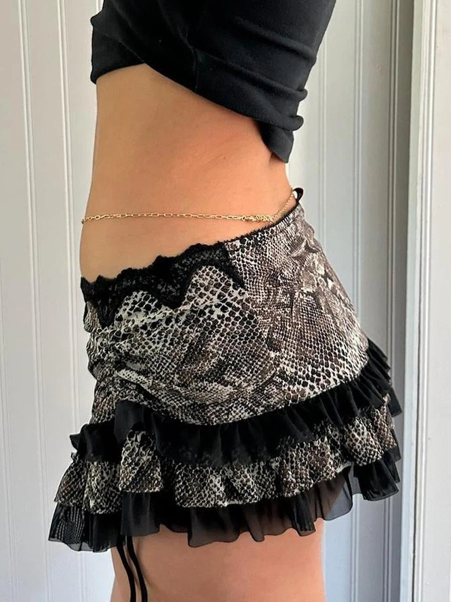 Y2K Fairycore Skirt Leopard Drawstring Harajuku Streetwear Gothic Retro Mini Skirt Hip Hop Low Rise Skirts Punk Fashion Dress