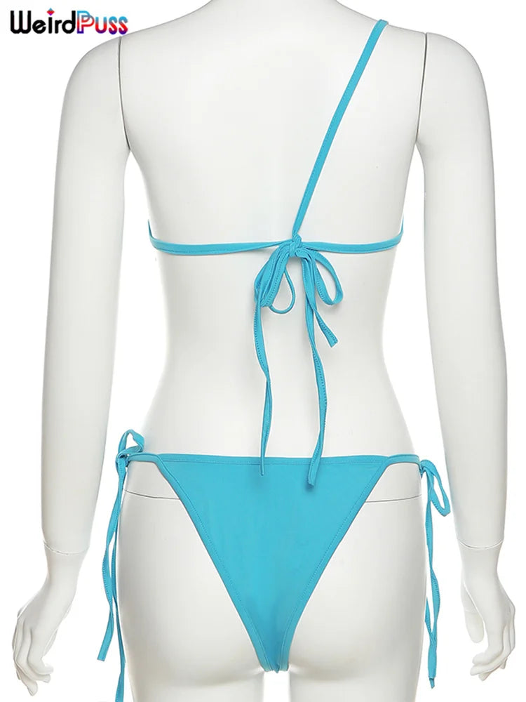 Weird Puss Beach Style Women Bikini 2 Piece Set Sexy Mesh Patchwork One Shoulder Bra Top+Bandage Briefs Vacation Trend Clubwear