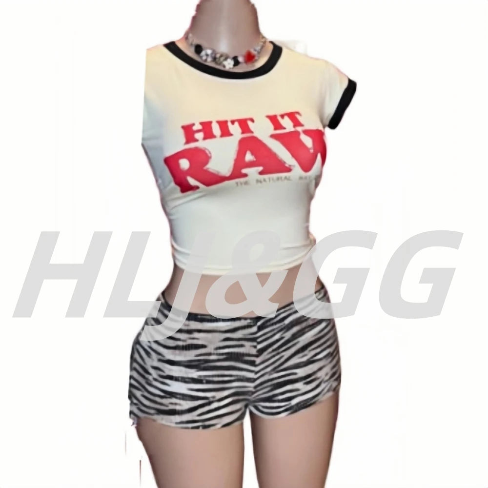 HLJ&GG Y2K Fashion Letter Printing Sequin Shorts Two Piece Sets Women Round Neck Short Sleeve Slim Crop Top And Shorts Outfits