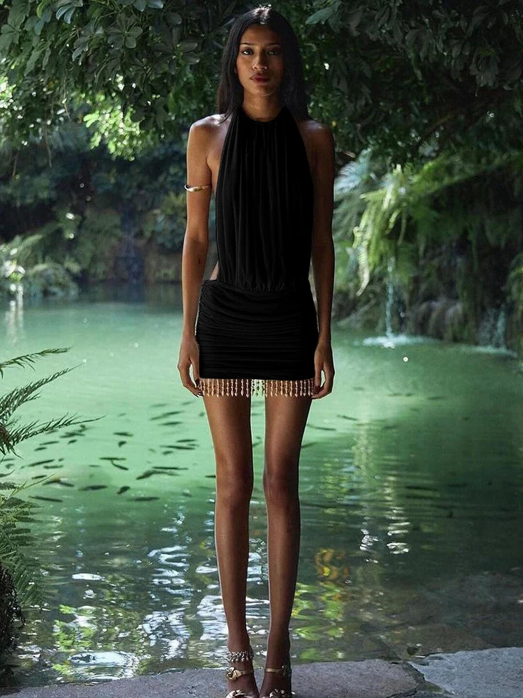 Mesh Lace-Up Halter Pearl Tassel Mini Dress — Women's Club