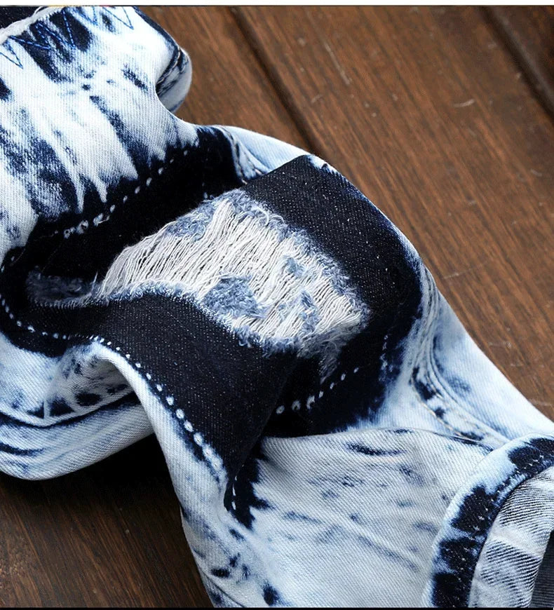 Denim Embroidered Patchwork Ripped Jeans (without Belt) Slim Fashion High Street Motorcycle Denim Pants Male Designer Clothes, men's jeans