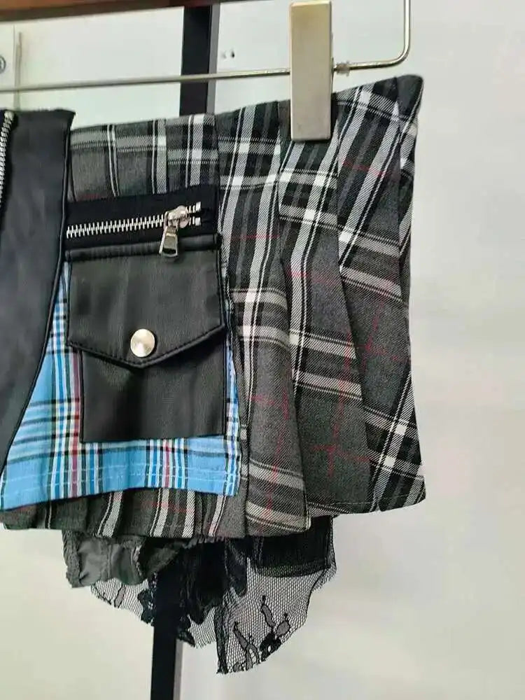 DEAT 2025 Summer New Patchwork Plaid Irregular Pleated Mini Skirt, Zipper Pockets Lace Design Skirts 29L7565
