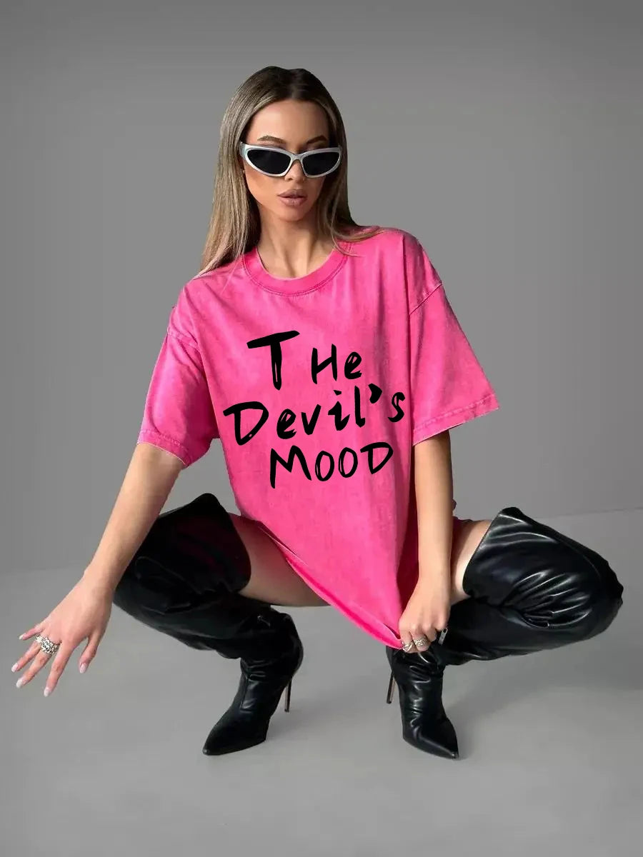 Pink Letter Design Washed T Shirt Women Vintage Cotton T-shirts Streetwear Soft Mineral Tees Girl Loose Female Tee Tops Y2k