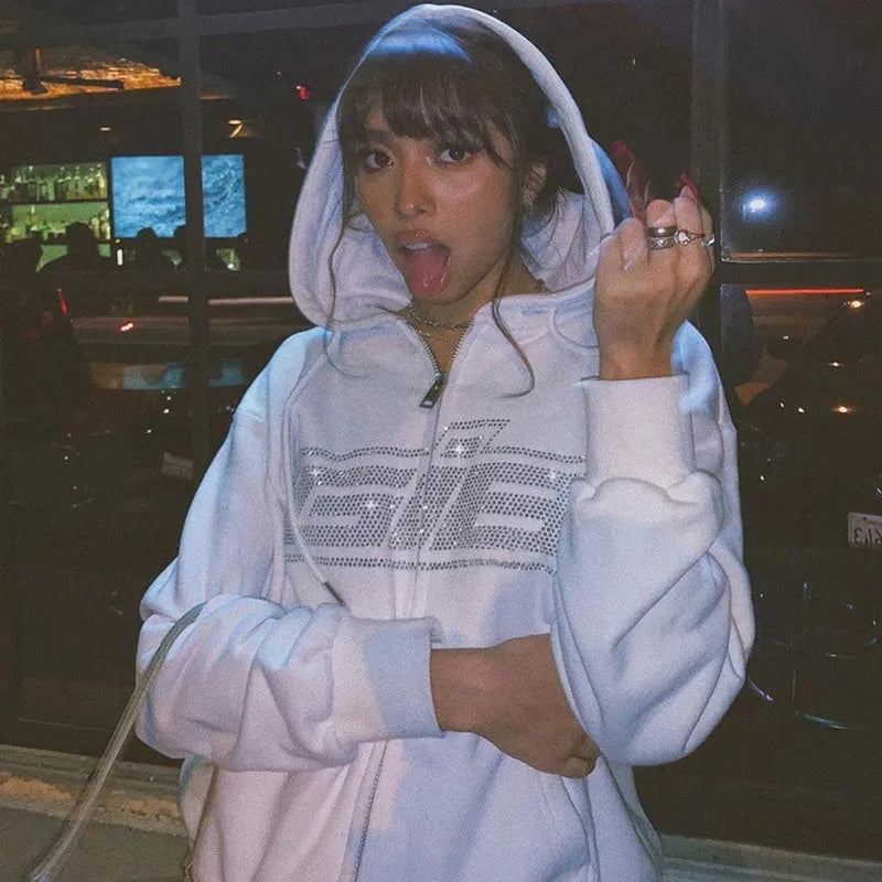 Y2K Zip Rhinestone Women Hoodie 2025 Oversized Hoodies E-girl Goth Punk Jacket Long Sleeve White Sweatshirts Trend Streetwear
