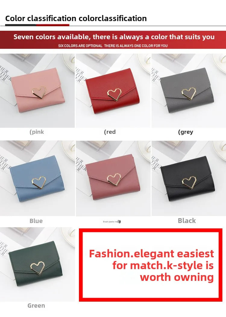 Korean version women wallet short heart-shaped three fold women's wallet multi card slot card bag zero wallet  purses for women