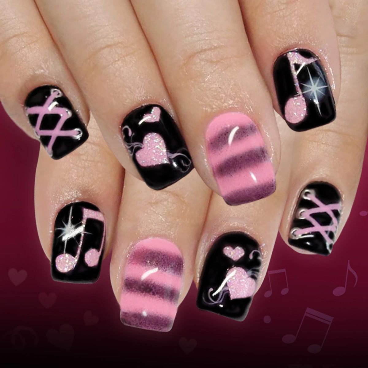 Y2K Girls Black French Fake Nails 24Pcs Short Square Press On Nails Pink Love Heart/Dot Printed Valentine's Day Charm Manicure