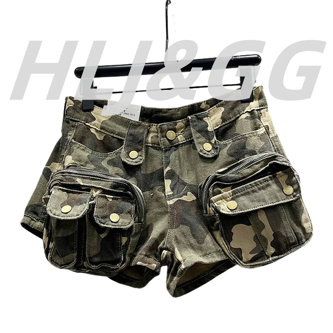 HLJ&GG Y2K Fashion Graphic Tshirts Two Piece Sets Women O Neck Short Sleeve Loose Top And Camouflage Pocket jeans Shorts Outfits