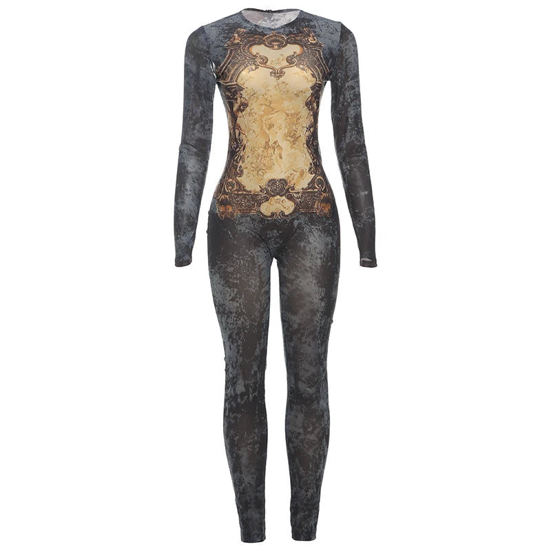 Weird Puss Tie-Dye Print Jumpsuit Women Fitness Stretch Tight Sexy o-Neck Full Sleeve Skinny Streetwear Autumn Zip Slim Overalls