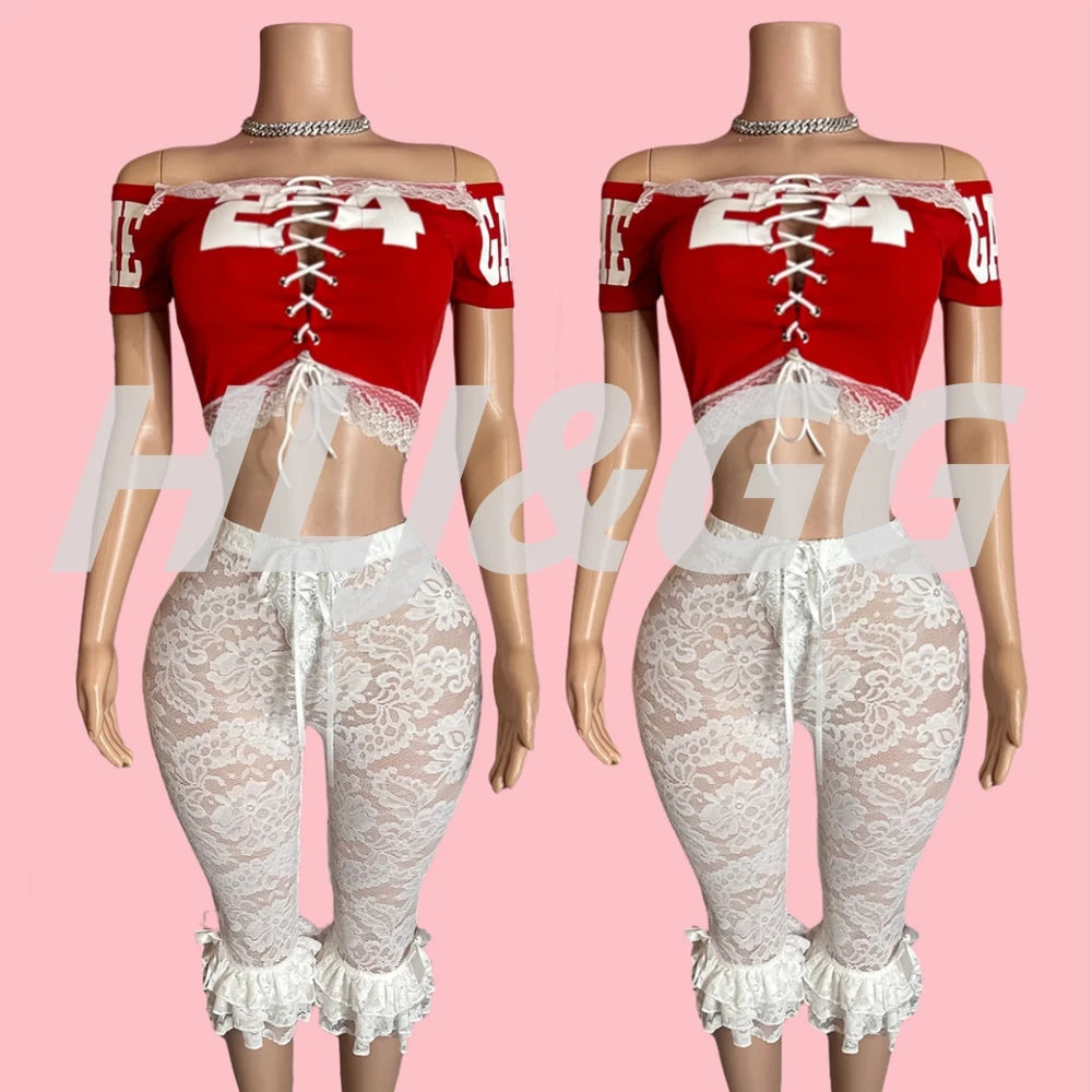 HLJ&GG Red Y2K Letter Lace Splicing Bandage Two Piece Sets Women Off Shoulder Hollow Crop Top And Skinny Ruffle Shorts Outfits