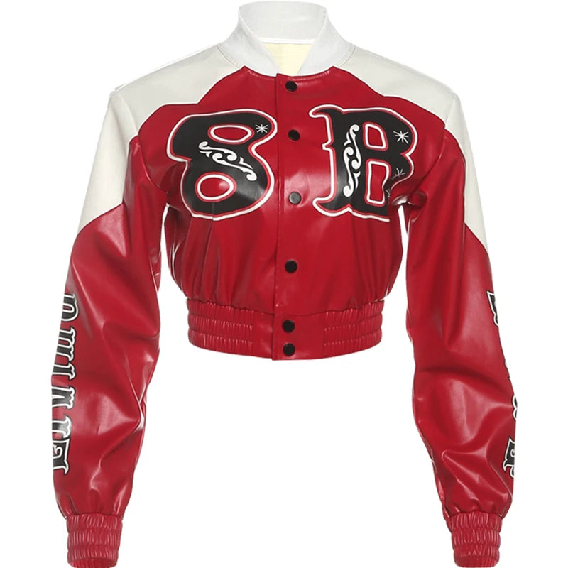 Weird Puss PU Patchwork Crop Jacket Woman Uniform Letter Print Full Sleeve Single-Breasted Cardigan Skinny Single-Button Coat