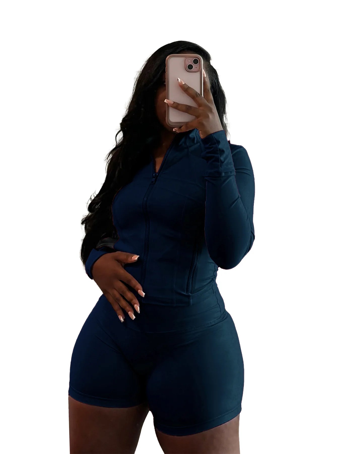 HLJ&GG Casual Sporty Skinny Shorts Two Piece Sets Women Zip Long Sleeve Slim Top + Shorts Outfits Summer New Stretchy Tracksuits