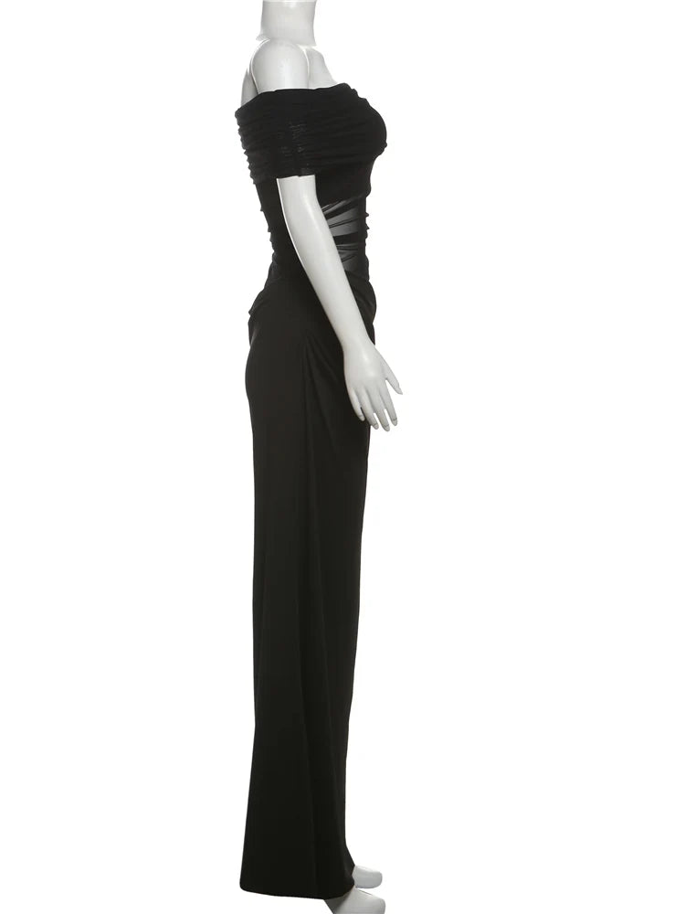 Mesh Patchwork Slash Neck Ruched Long Bodycon Dress — Women's
