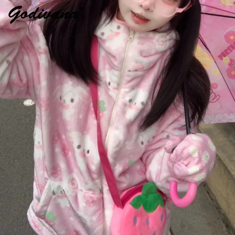Japanese New Winter Sweet Cute Cartoon Rabbit Flannel Pajamas Set Daughter Girls Pink Thickened Loungewear Women's Sleepwear
