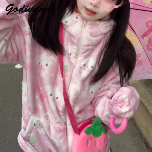 Japanese New Winter Sweet Cute Cartoon Rabbit Flannel Pajamas Set Daughter Girls Pink Thickened Loungewear Women's Sleepwear