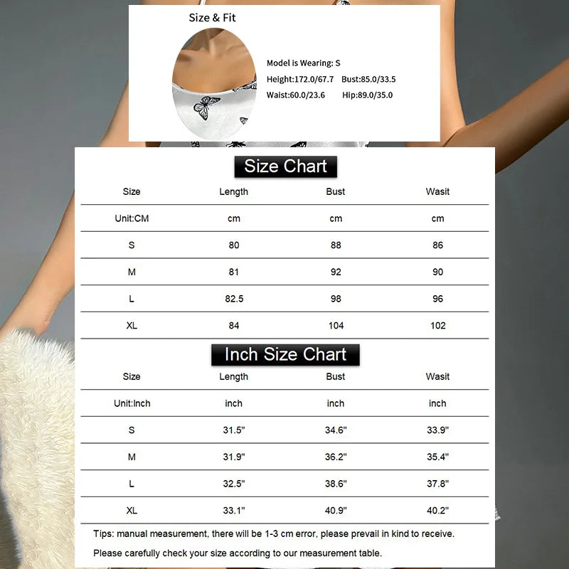 Women Sleepwear Satin Nightgown Mini Slip Chemise Short Nightwear Butterfly Print Spaghetti Strap Cami Nightdress