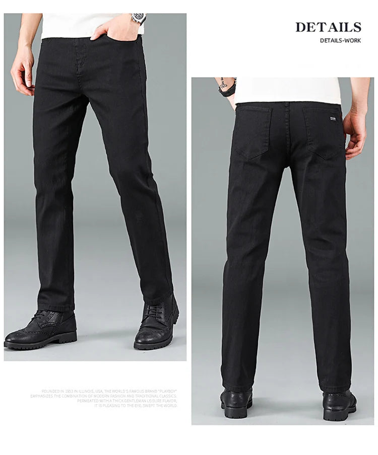 Men's pure black jeans Korean version trendy straight fit pants men's comfortable and elastic classic business denim