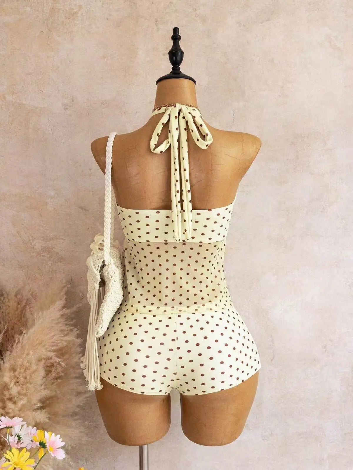 Vintage Yellow Polka Dot Print Bikini Set 2026 Women Metal Sun Ornament Mesh Tank Top High Waist Swimsuit Bathing Suit Swimwear