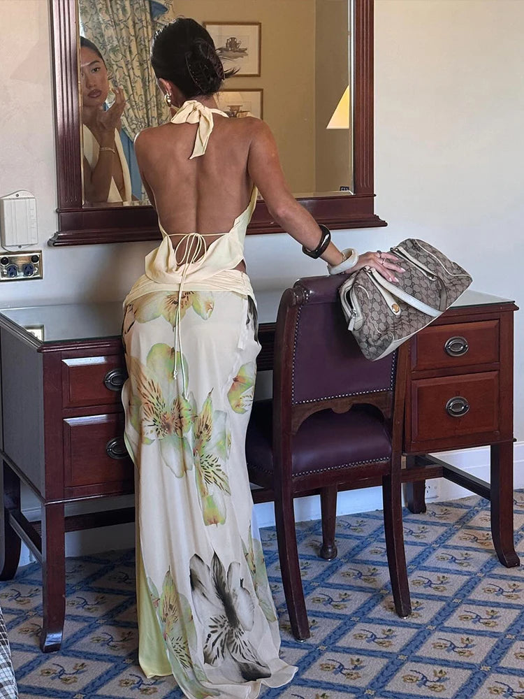 Weird Puss Elegant Women 3 Piece Set Stack Trend Halter Tops+Split Tassel Tassel+Flowers Mesh Skirts Matching Vacation Clubwear