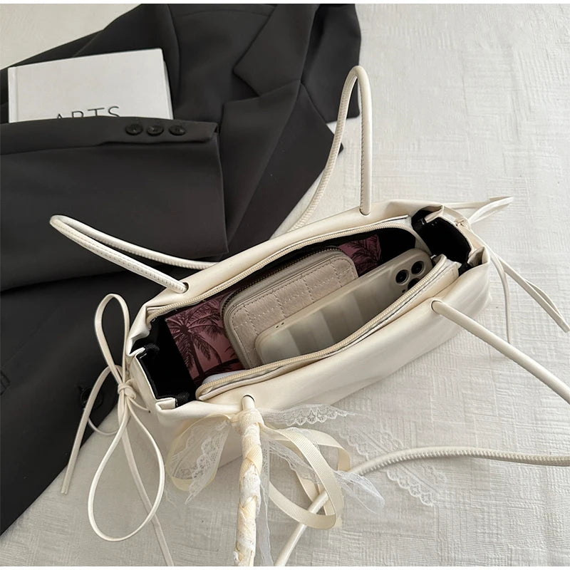 Korean Bow Ribbon Handbag Fashion Lace Square Shoulder Bag French Elegant Baguette Bag Leisure Large Capacity Tote Underarm Bag