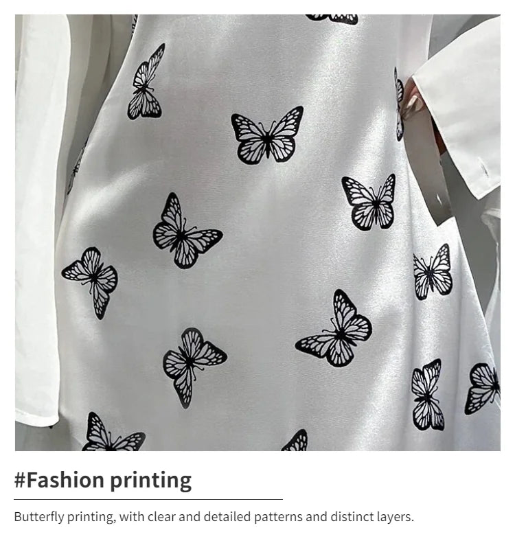 Women Sleepwear Satin Nightgown Mini Slip Chemise Short Nightwear Butterfly Print Spaghetti Strap Cami Nightdress