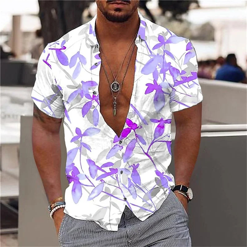 Men's black and gold flower shirts Summer plant print lapel shirt Hawaiian style beach short sleeved button up
