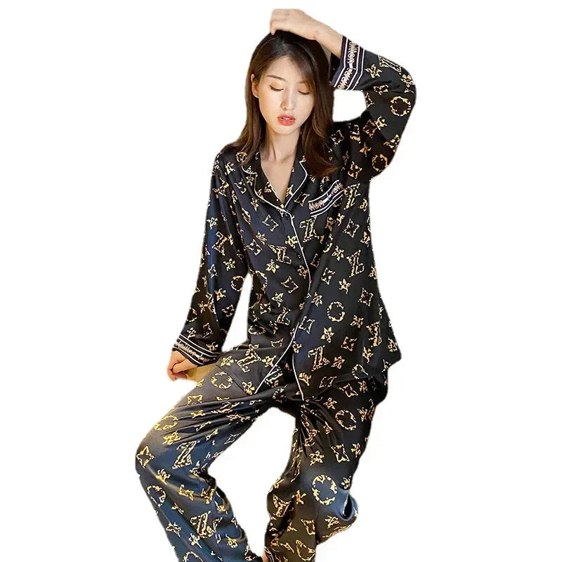 Spring Autumn High Quality Home Suit Women Long Sleeve Silk Sleepwear 2 Piece Cardigan Long-Sleeved Ladies Sleepwear Loungewear