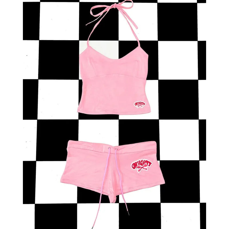 Y2k Summer Dopamine Sexy Hot Girl Beach Strap Tank Top American Super Shorts Two Piece Set