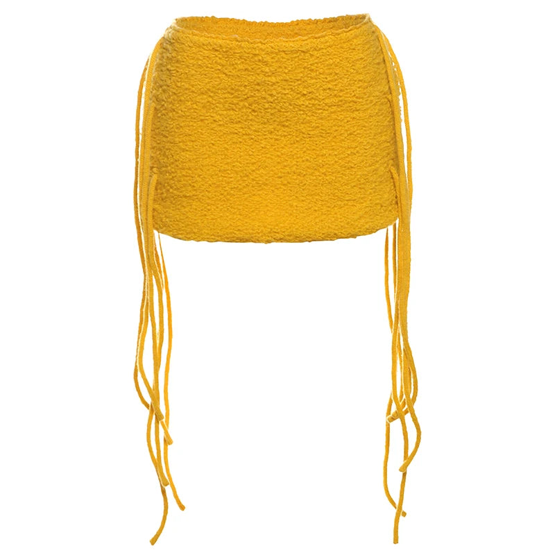 Weird Puss Sexy Furry Side Tassel Skirts Women Y2K Peach Hip Summer Solid Wild Basic Hipster Streetwear Skinny Slim Mini Bottom