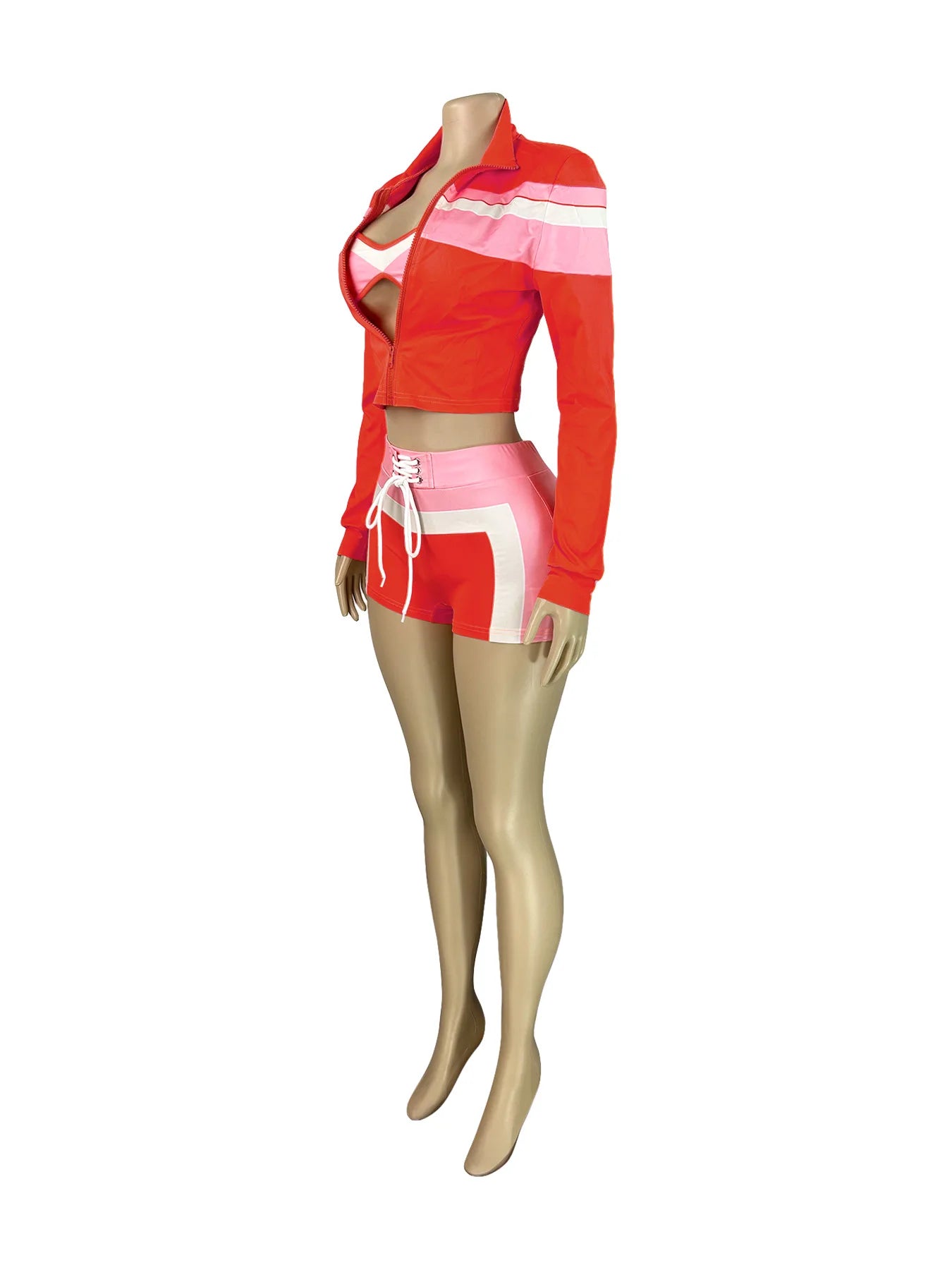 Weird Puss Colorful Print 3 Piece Set Women Tracksuit Casual Zip Crop Tops+Bra+Shirring Shorts Matching Street Stretch Outfits