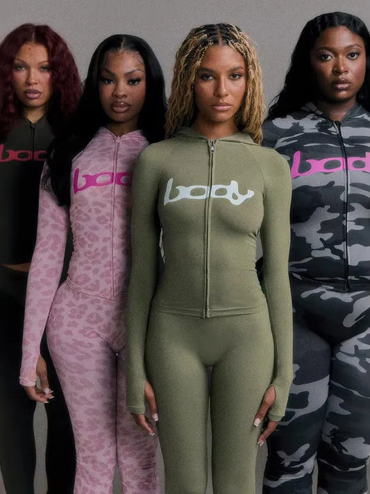 Weird Puss Letter Print Tracksuit 2-Piece Set Women Hooded Jacket+Leggings Matching Stretch Street Casual Sporty Slim Outfits