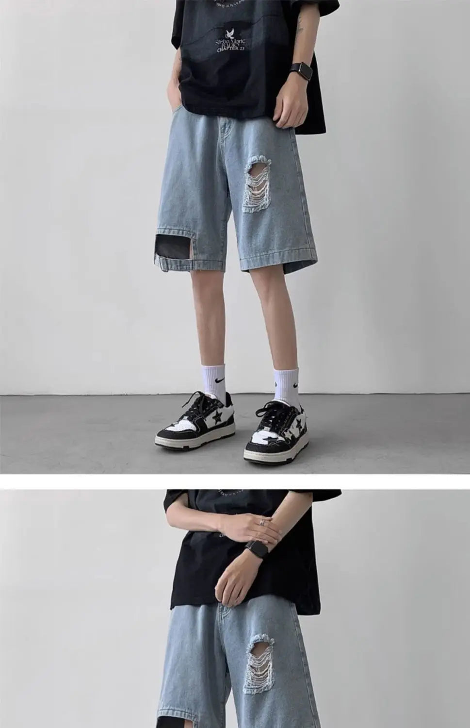 Denim Summer Thin American Ripped Denim Versatile Loose Casual Mid-sized Pants, men's jeans