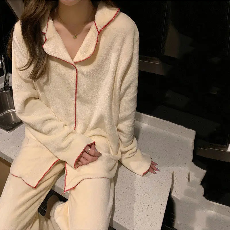 Flannel Women's Pajamas Sets Casual Autumn Winter Sleepwear Velvet Pyjama Ladies Cardigan Simple Bedroom Soft Warm Home Clothes