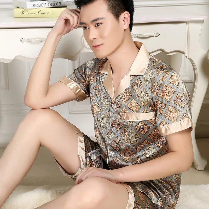 Silk Satin Pajamas for Men Sleepwear Cozy Soft Print Long Sleeve Nightgown Tops + Trousers Two Pieces Mens Pajama Set